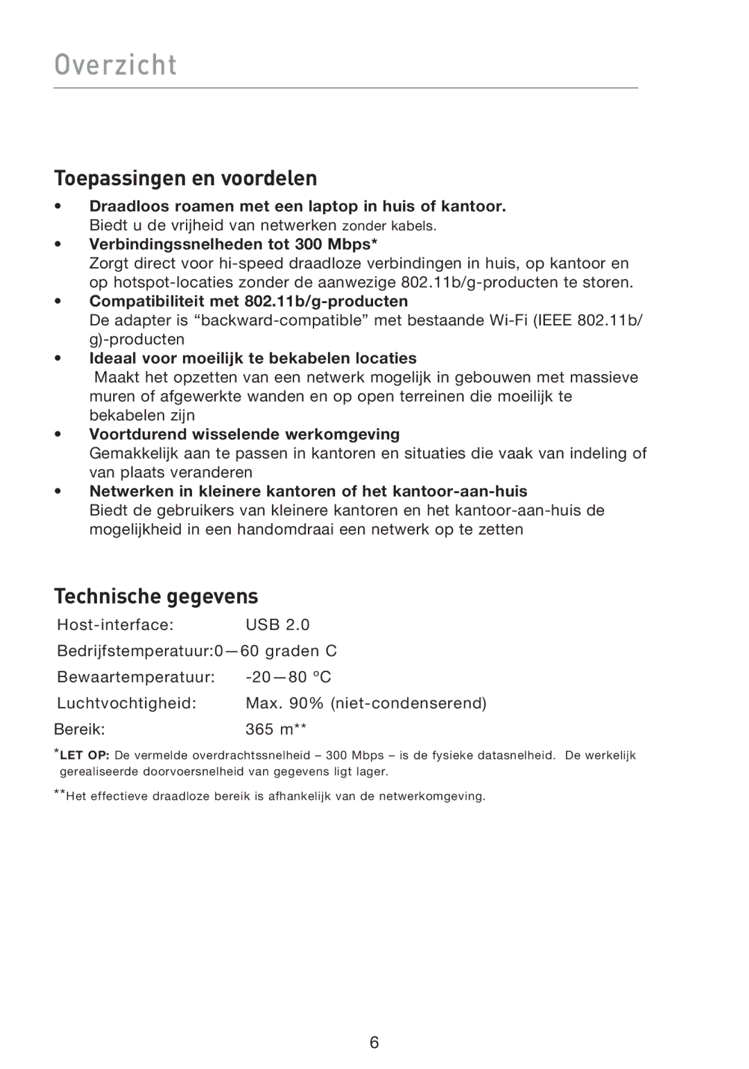 Belkin F5D8053EA user manual Overzicht, Toepassingen en voordelen, Technische gegevens 