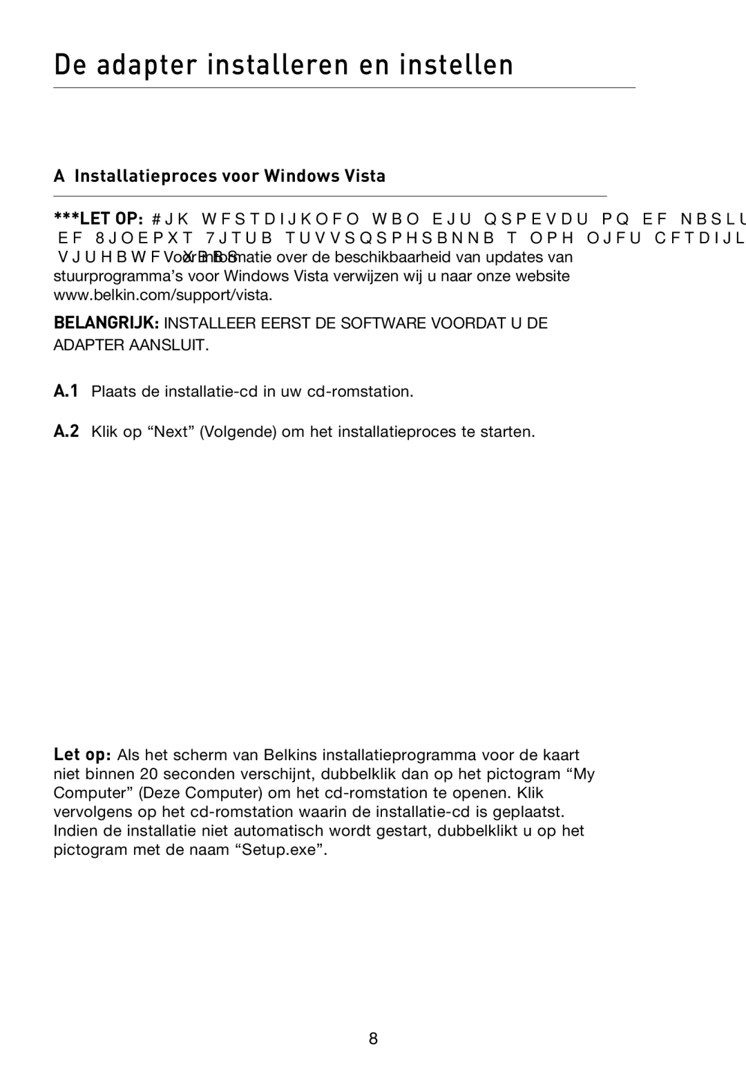 Belkin F5D8053EA user manual De adapter installeren en instellen, Installatieproces voor Windows Vista 