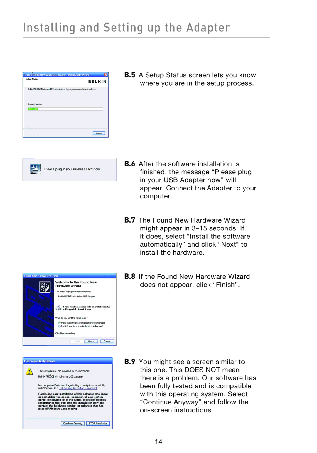 Belkin F5D8053EA user manual Installing and Setting up the Adapter 