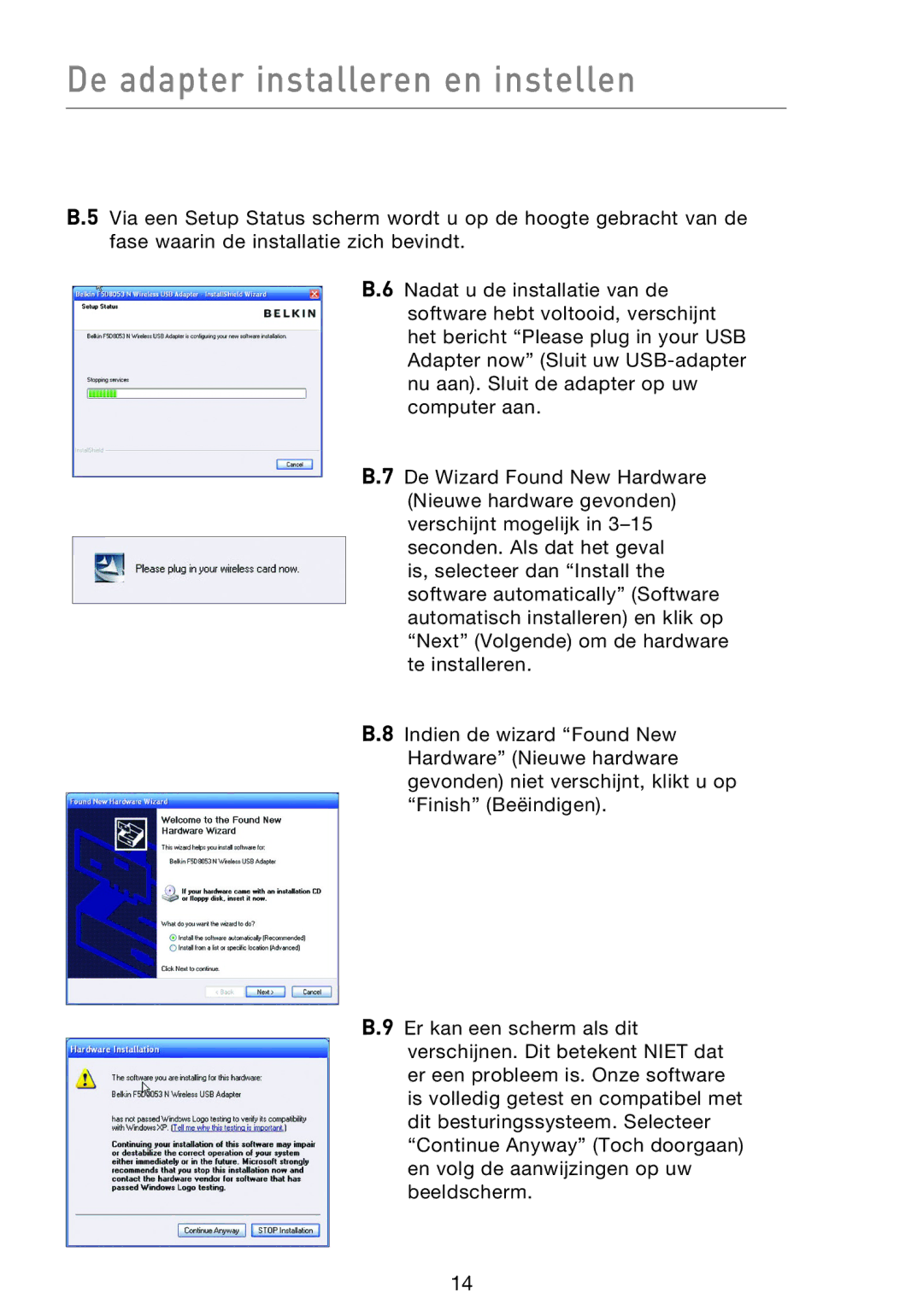 Belkin F5D8053EA user manual De adapter installeren en instellen 