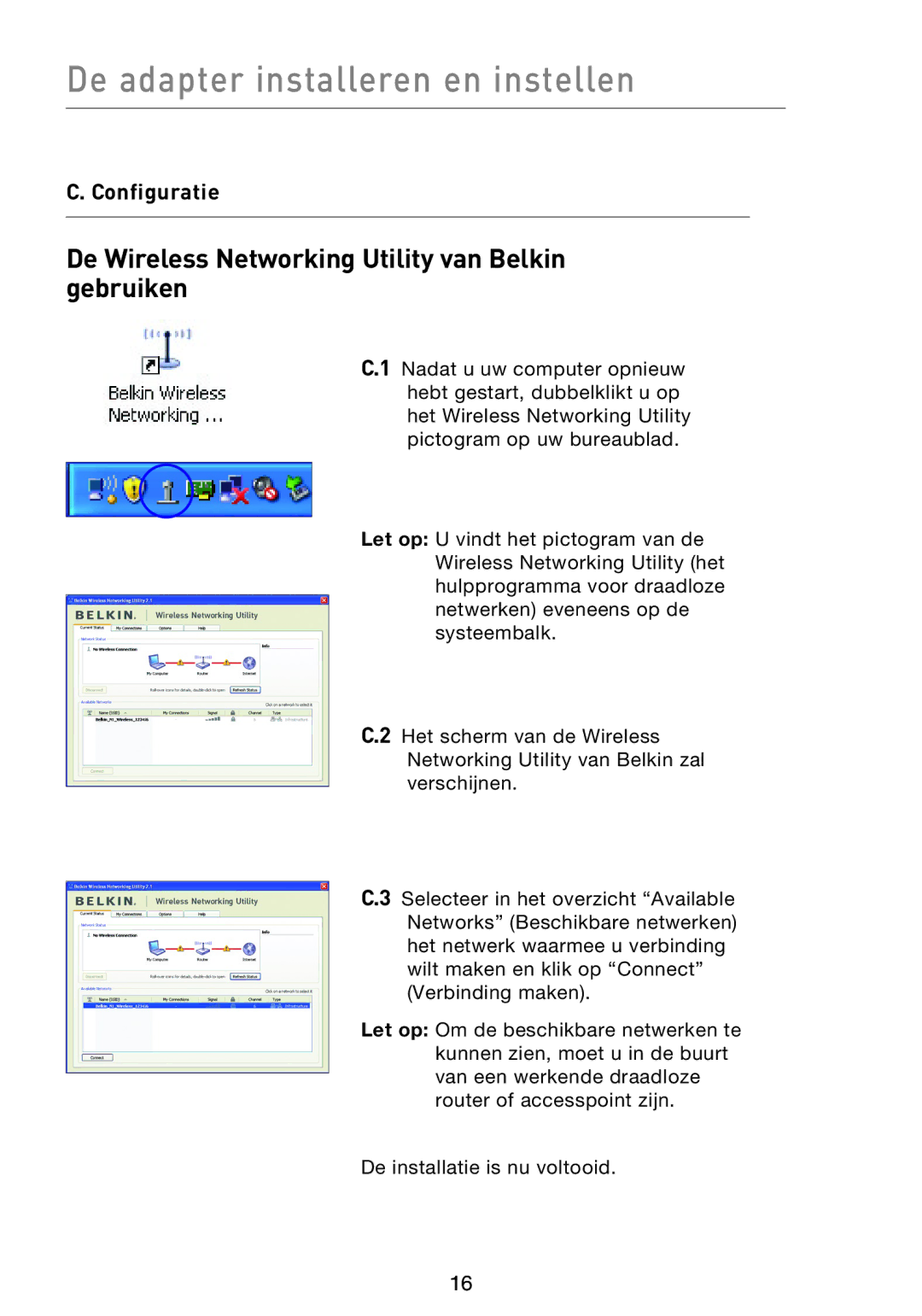 Belkin F5D8053EA user manual De Wireless Networking Utility van Belkin gebruiken, Configuratie 