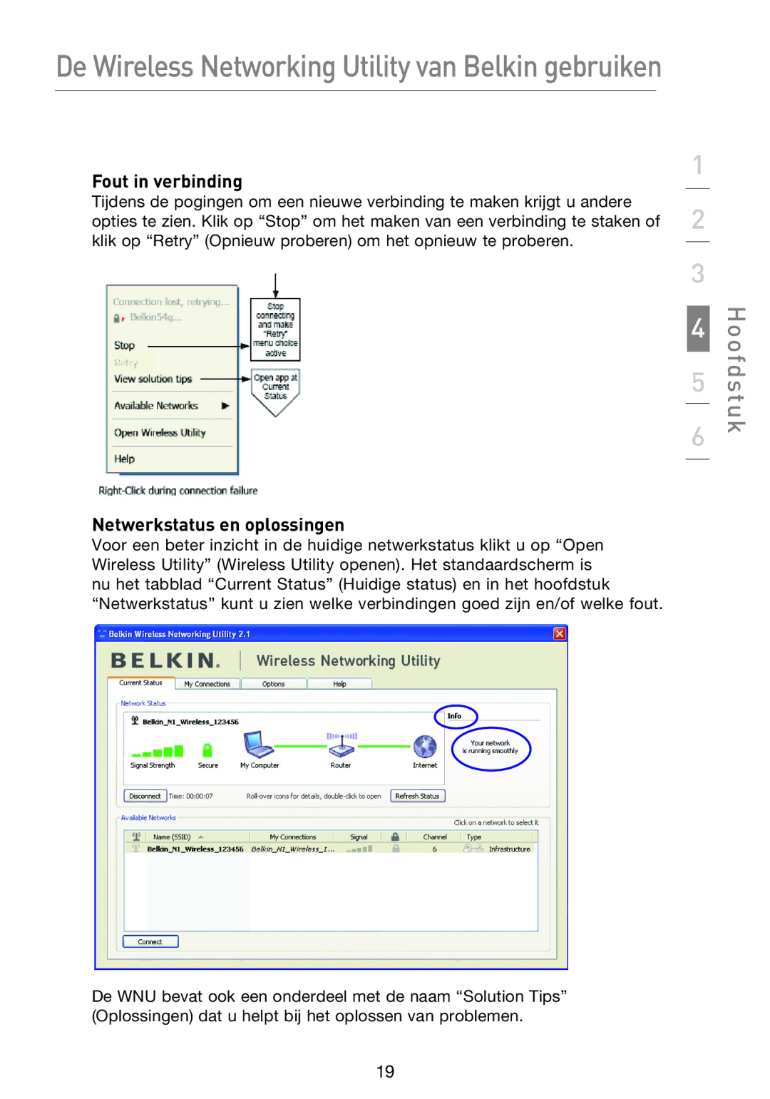 Belkin F5D8053EA user manual Fout in verbinding, Netwerkstatus en oplossingen 