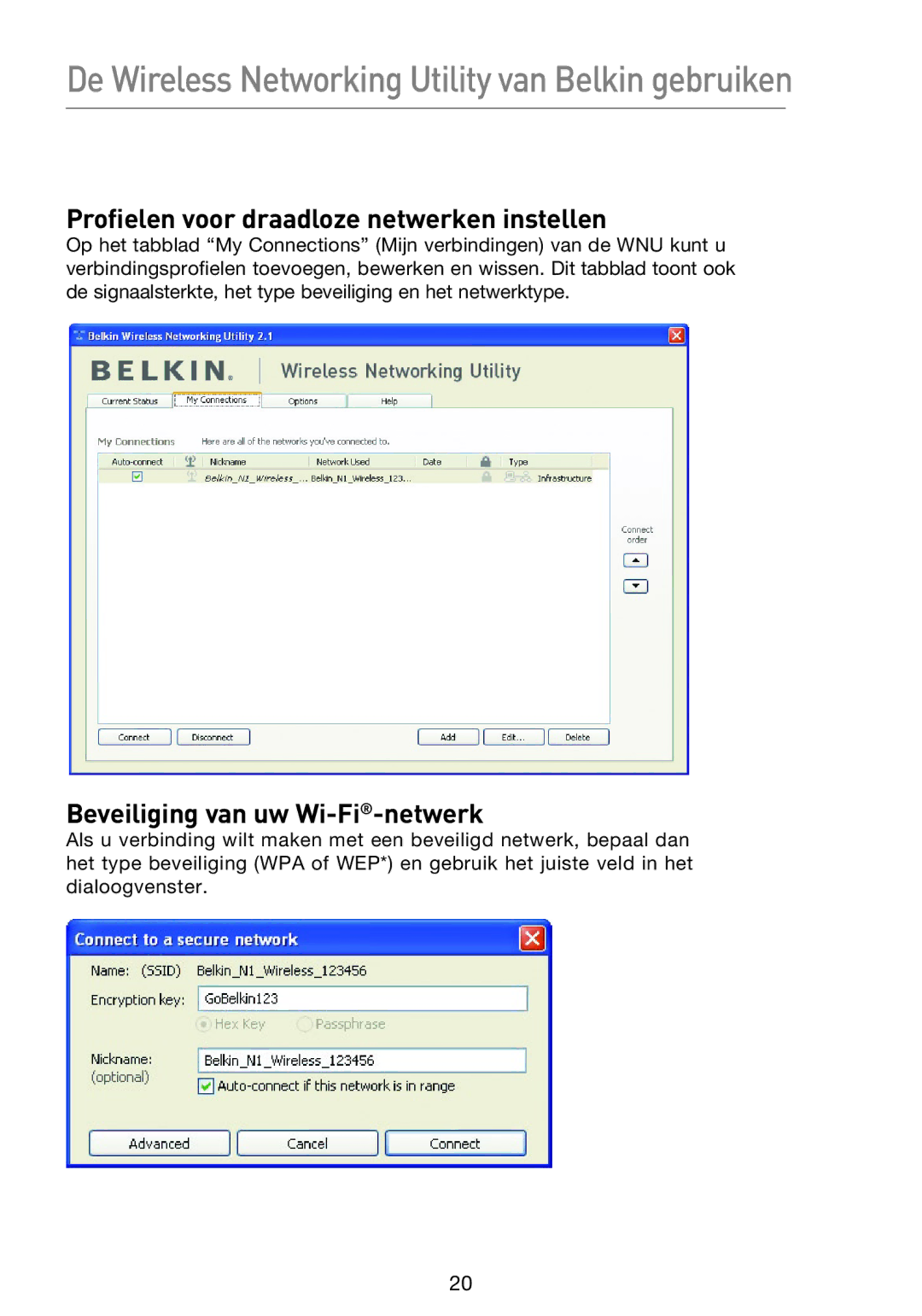 Belkin F5D8053EA user manual Profielen voor draadloze netwerken instellen, Beveiliging van uw Wi-Fi-netwerk 