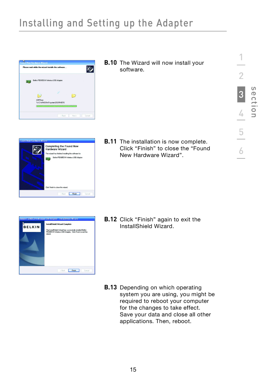 Belkin F5D8053EA user manual Installing and Setting up the Adapter 