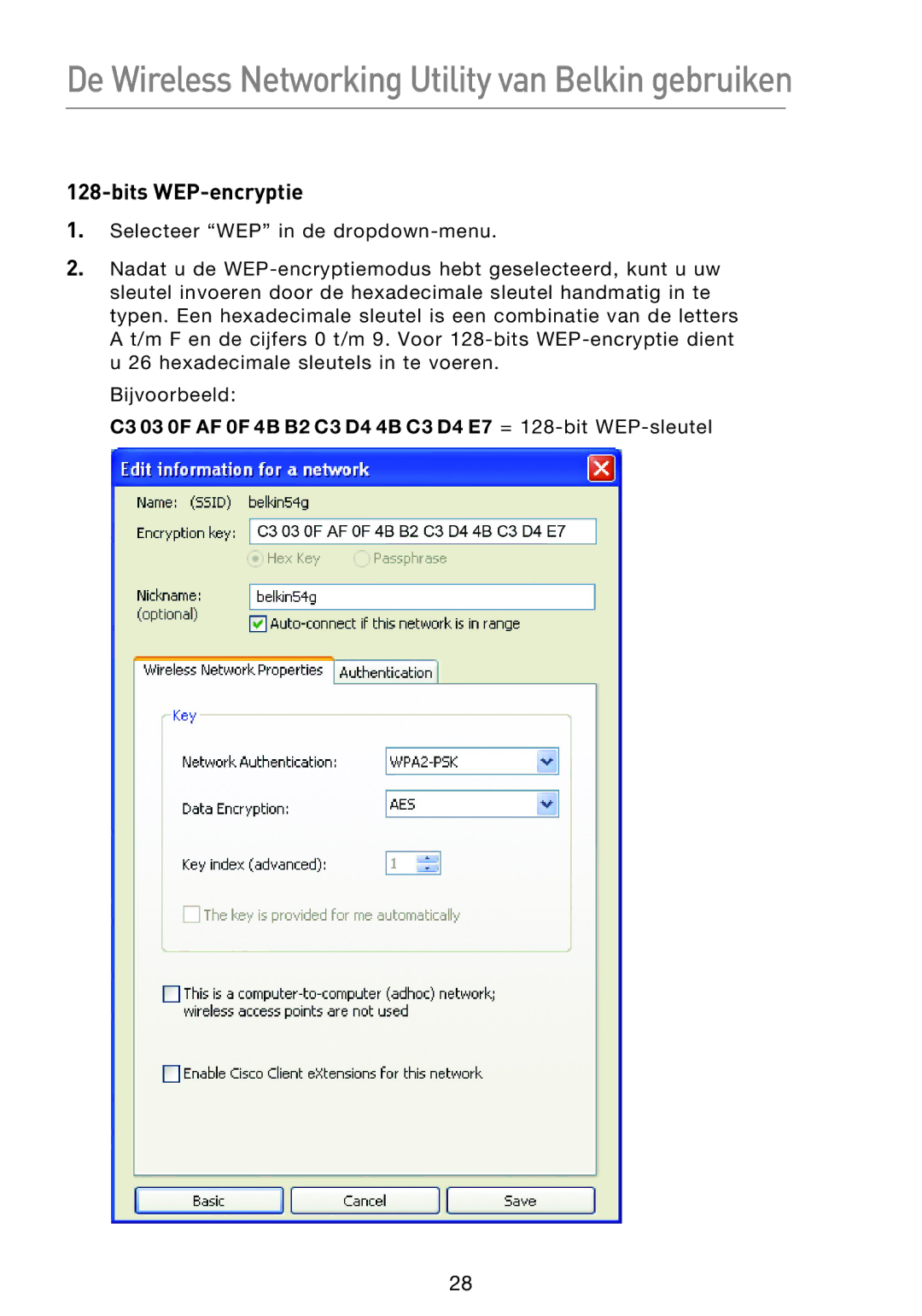 Belkin F5D8053EA user manual C3 03 0F AF 0F 4B B2 C3 D4 4B C3 D4 E7 = 128-bitWEP-sleutel 