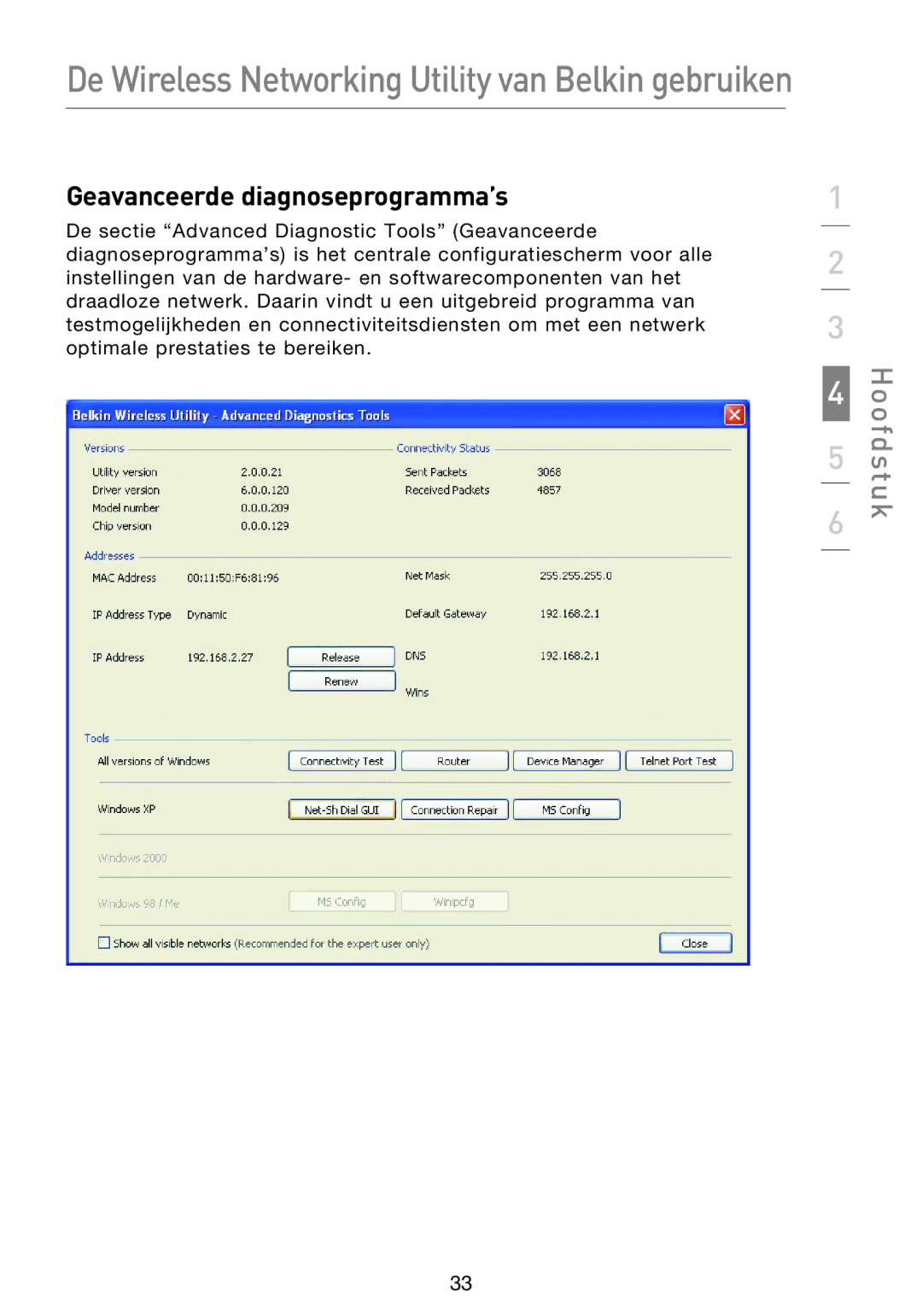 Belkin F5D8053EA user manual Geavanceerde diagnoseprogramma’s 