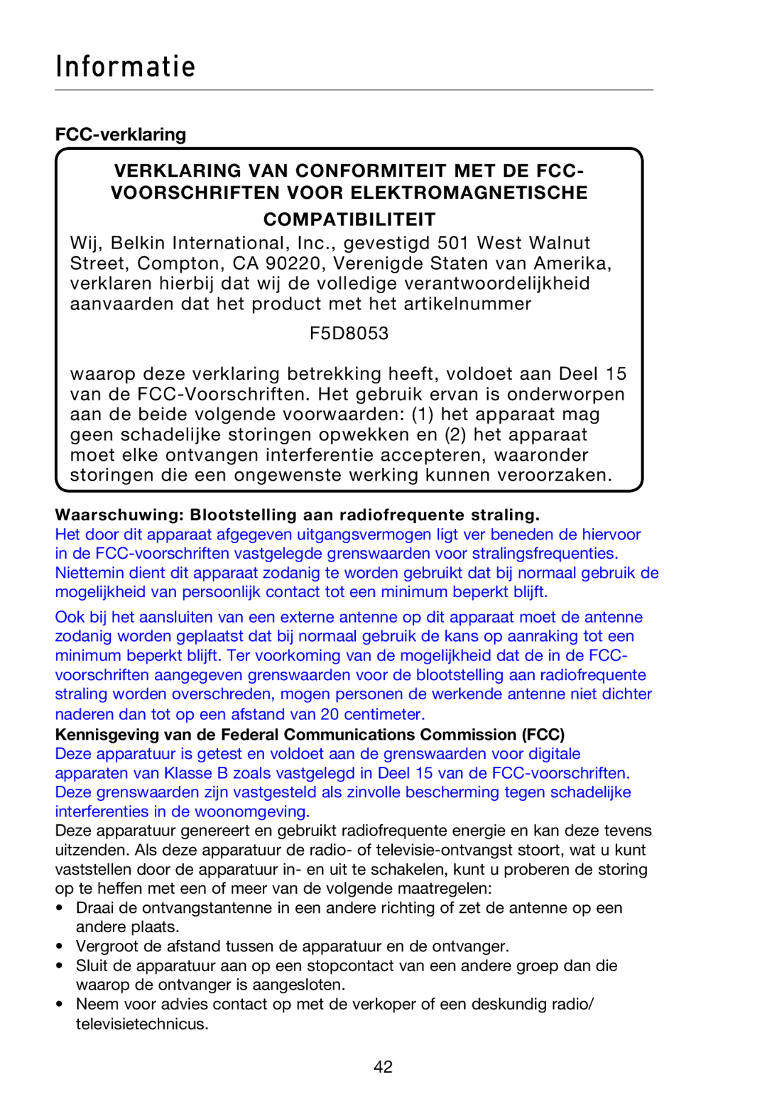 Belkin F5D8053EA user manual Informatie, FCC-verklaring, Waarschuwing Blootstelling aan radiofrequente straling 