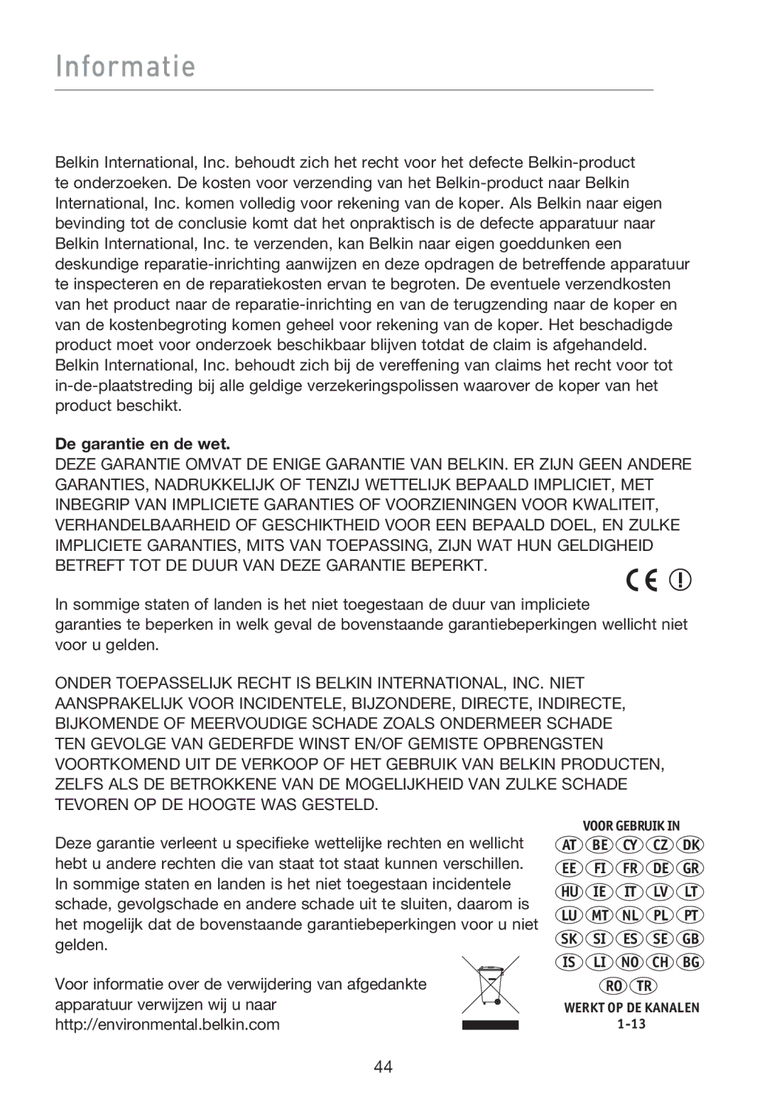 Belkin F5D8053EA user manual Informatie, De garantie en de wet 