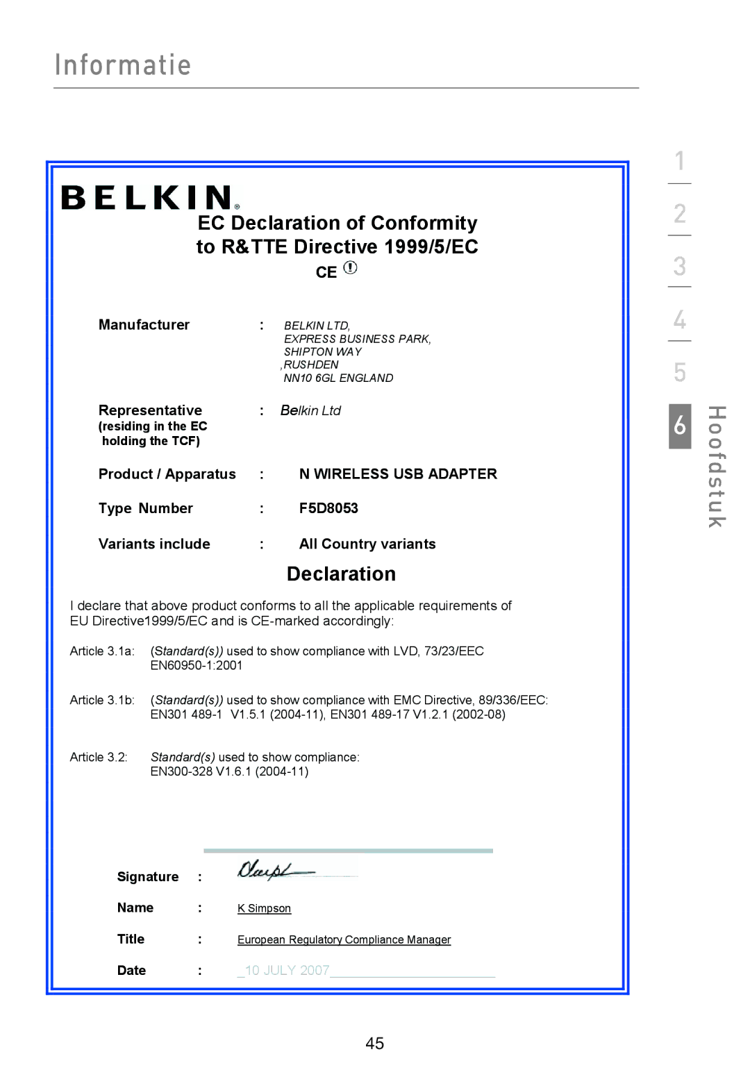 Belkin F5D8053EA user manual Hoofdstuk 