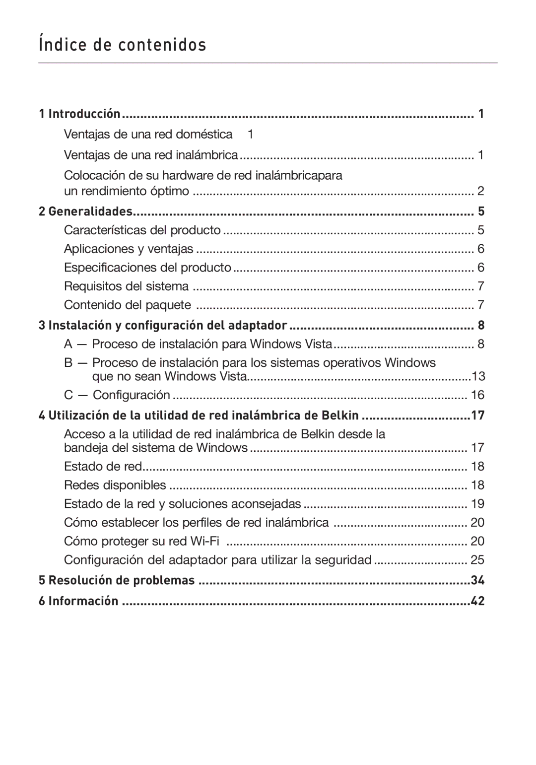 Belkin F5D8053EA user manual Introducción, Generalidades, Instalación y configuración del adaptador 