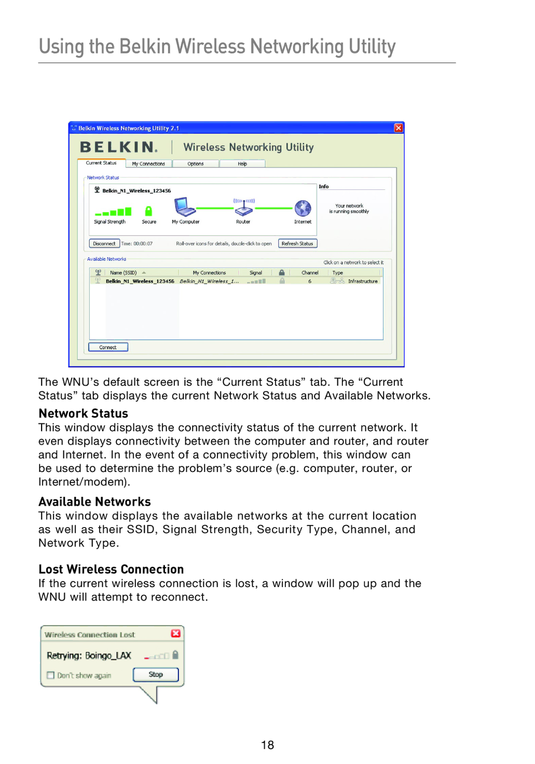 Belkin F5D8053EA user manual Using the Belkin Wireless Networking Utility, Network Status, Available Networks 