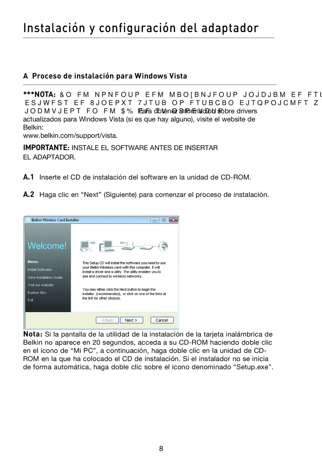 Belkin F5D8053EA user manual Instalación y configuración del adaptador, Proceso de instalación para Windows Vista 