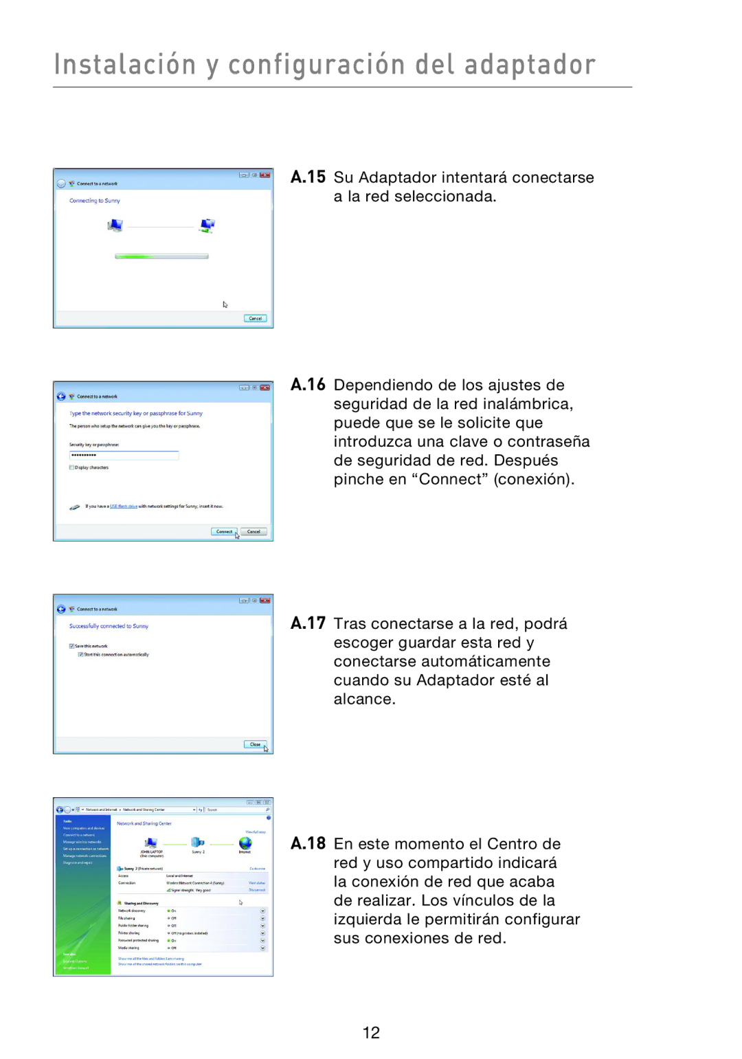 Belkin F5D8053EA user manual Instalación y configuración del adaptador 