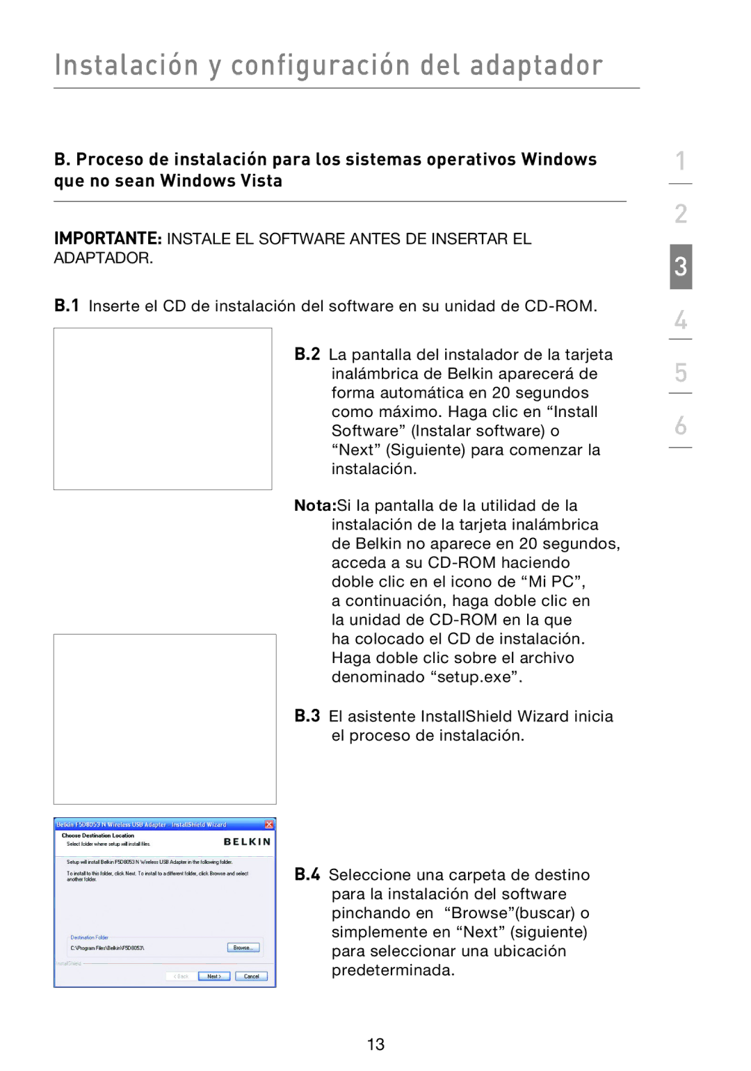 Belkin F5D8053EA user manual Instalación y configuración del adaptador 