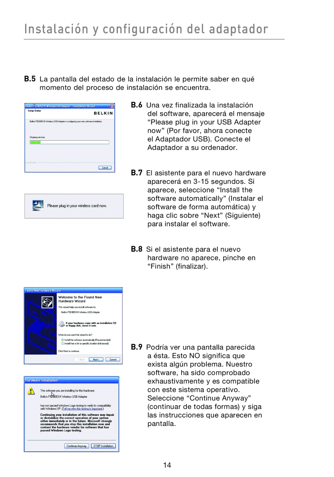 Belkin F5D8053EA user manual Instalación y configuración del adaptador 