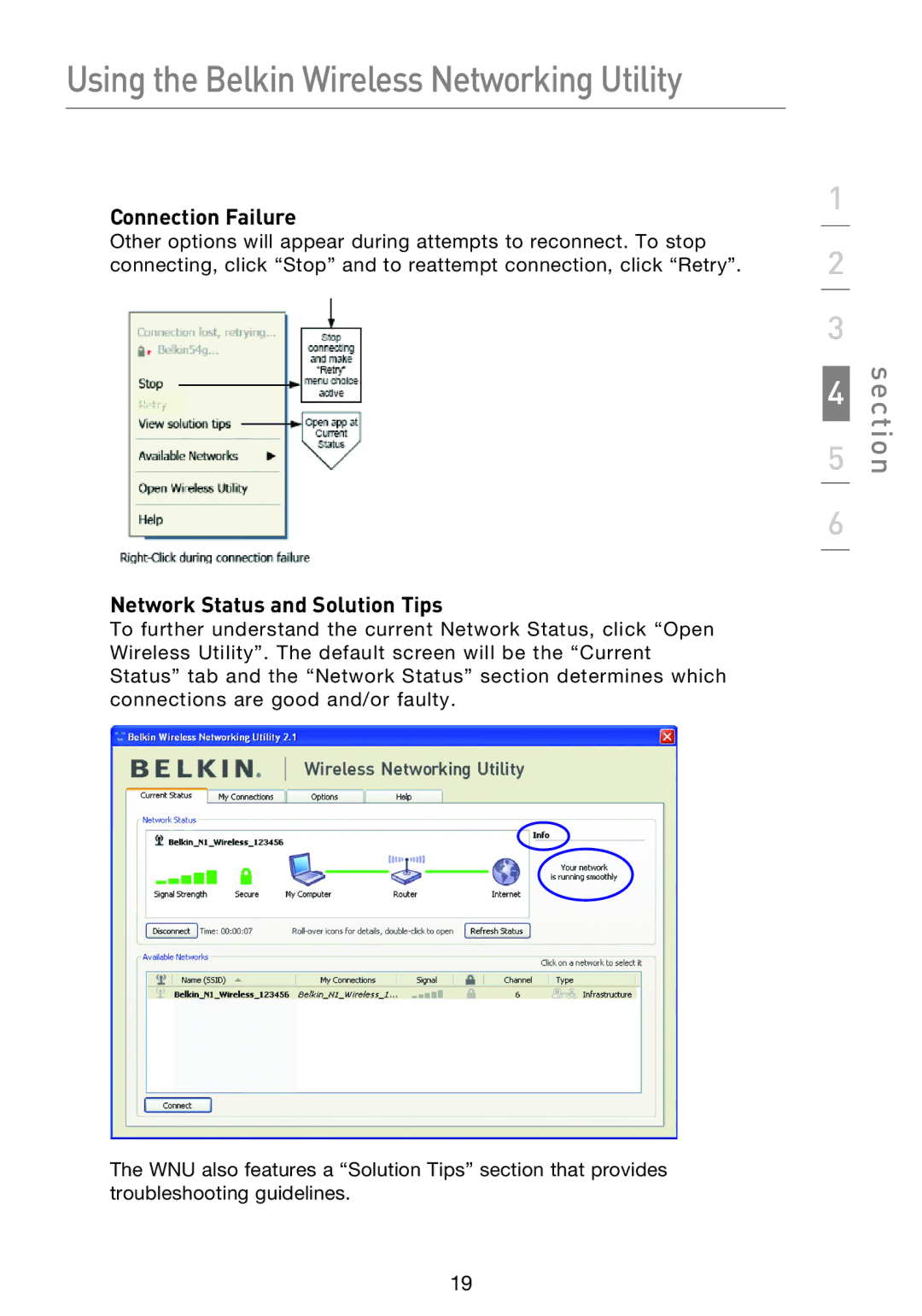 Belkin F5D8053EA user manual Connection Failure, Network Status and Solution Tips 