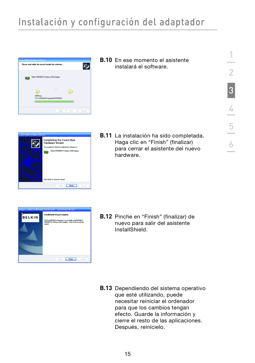 Belkin F5D8053EA user manual Instalación y configuración del adaptador 