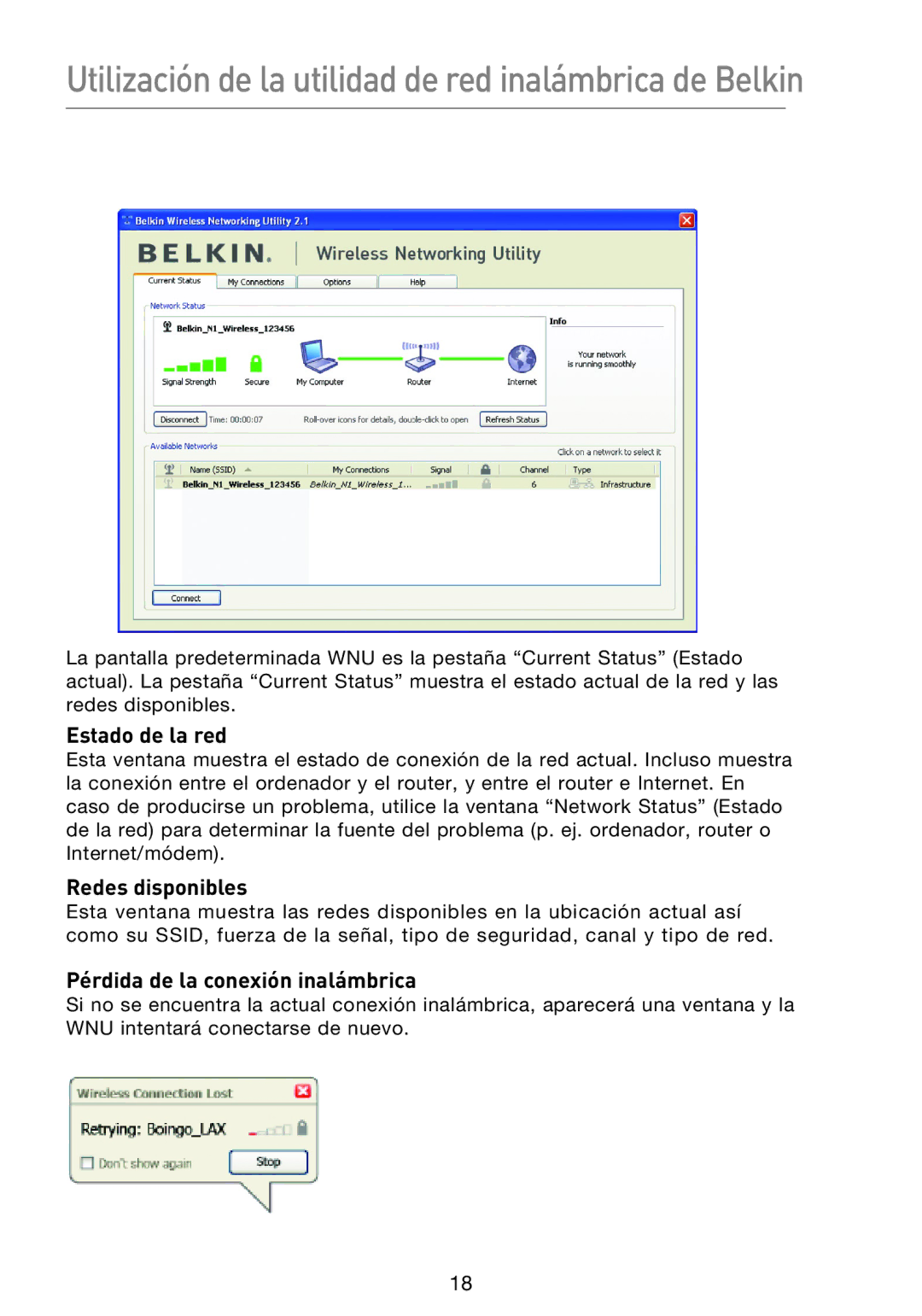 Belkin F5D8053EA user manual Utilización de la utilidad de red inalámbrica de Belkin, Estado de la red, Redes disponibles 