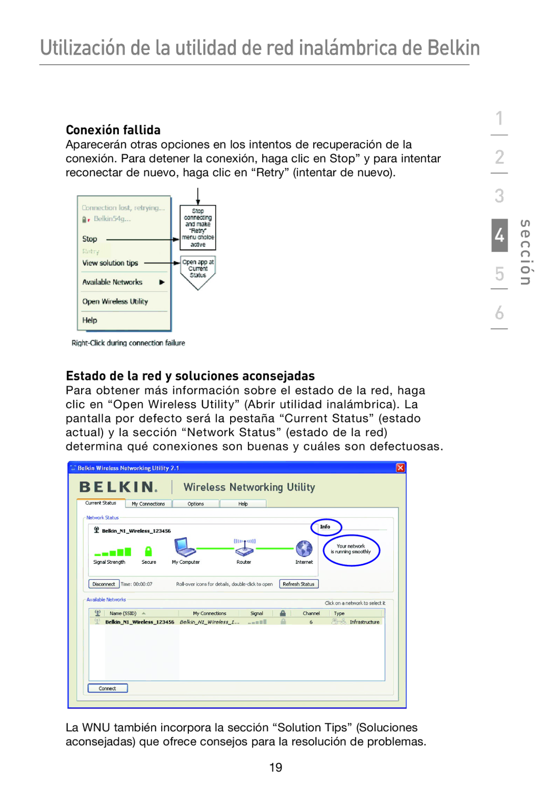 Belkin F5D8053EA user manual Conexión fallida, Estado de la red y soluciones aconsejadas 