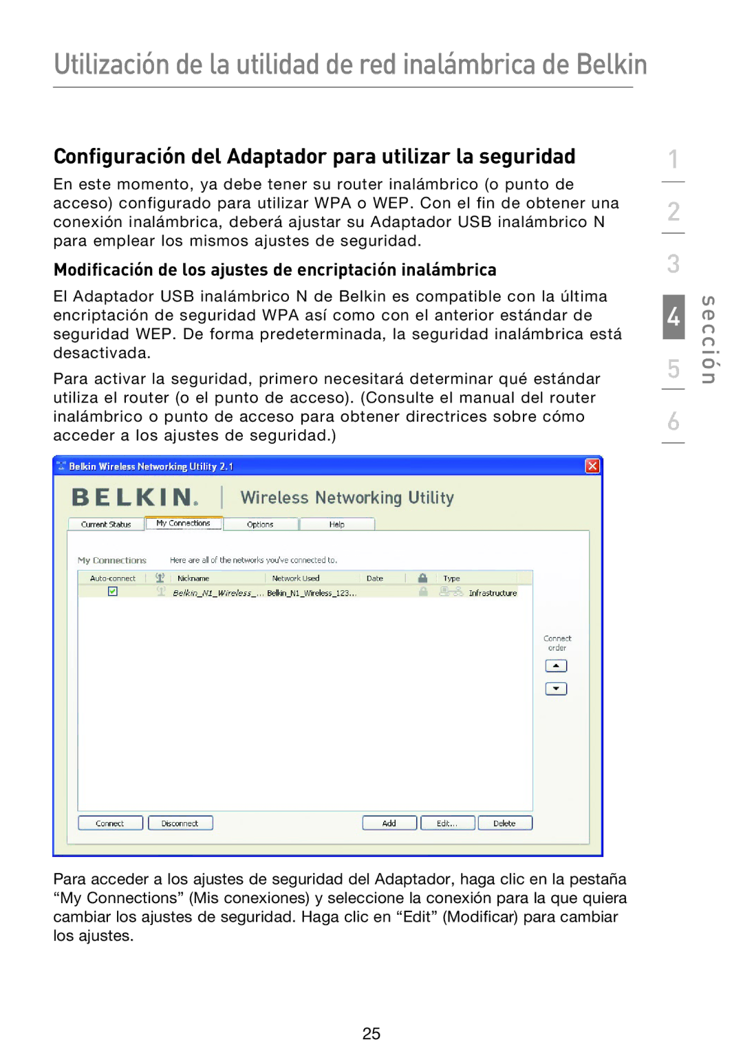 Belkin F5D8053EA user manual Configuración del Adaptador para utilizar la seguridad 