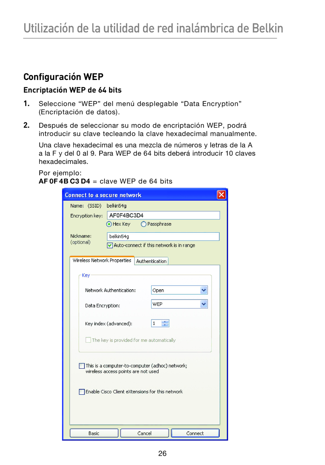 Belkin F5D8053EA user manual Configuración WEP, Encriptación WEP de 64 bits 