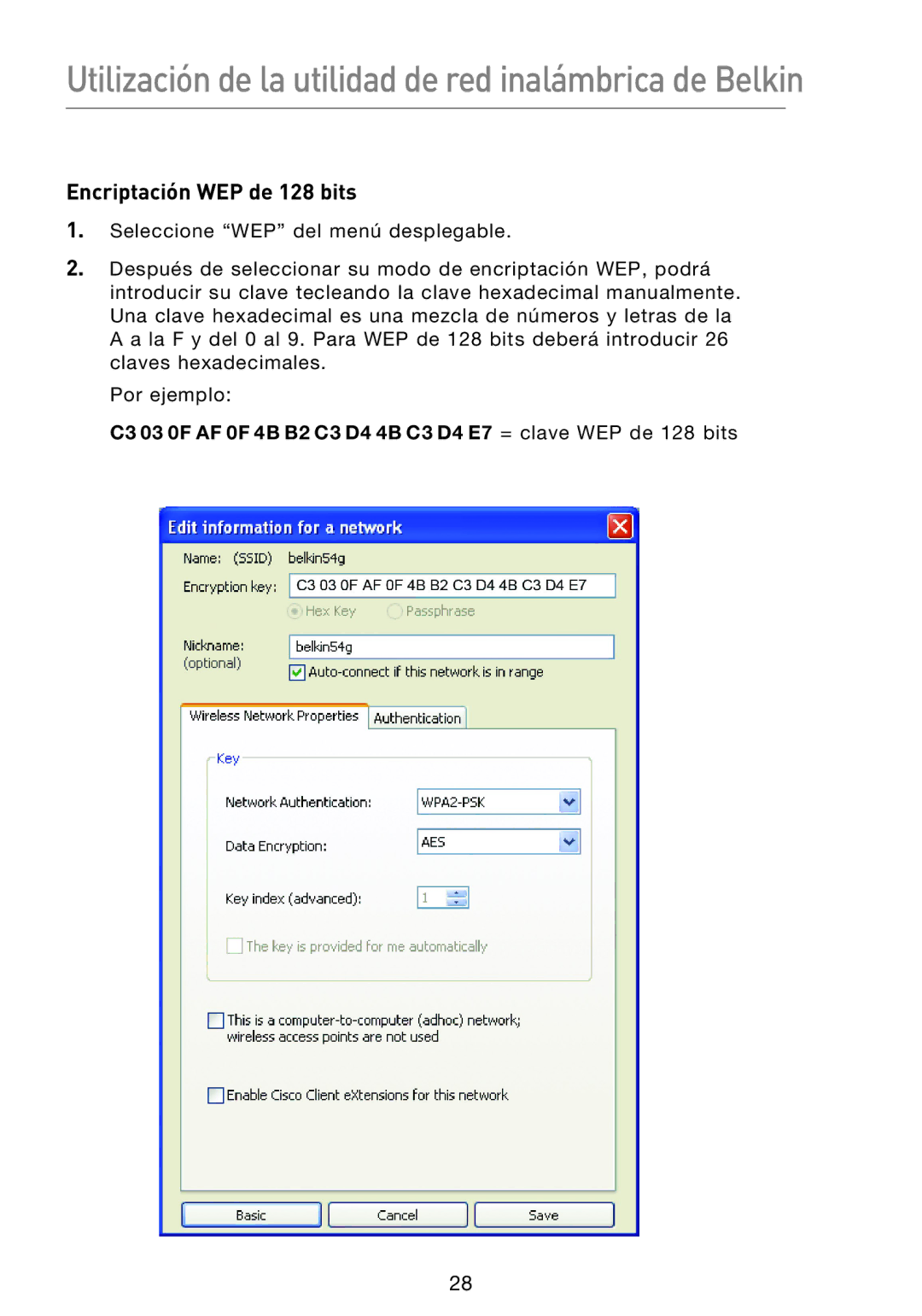 Belkin F5D8053EA user manual Encriptación WEP de 128 bits 
