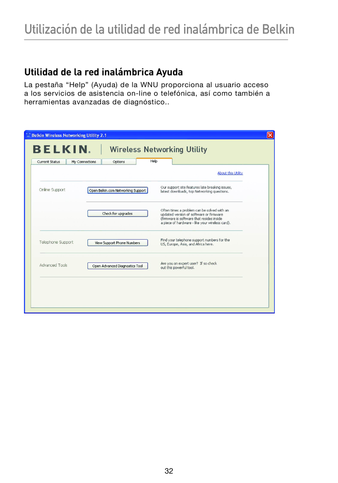 Belkin F5D8053EA user manual Utilidad de la red inalámbrica Ayuda 