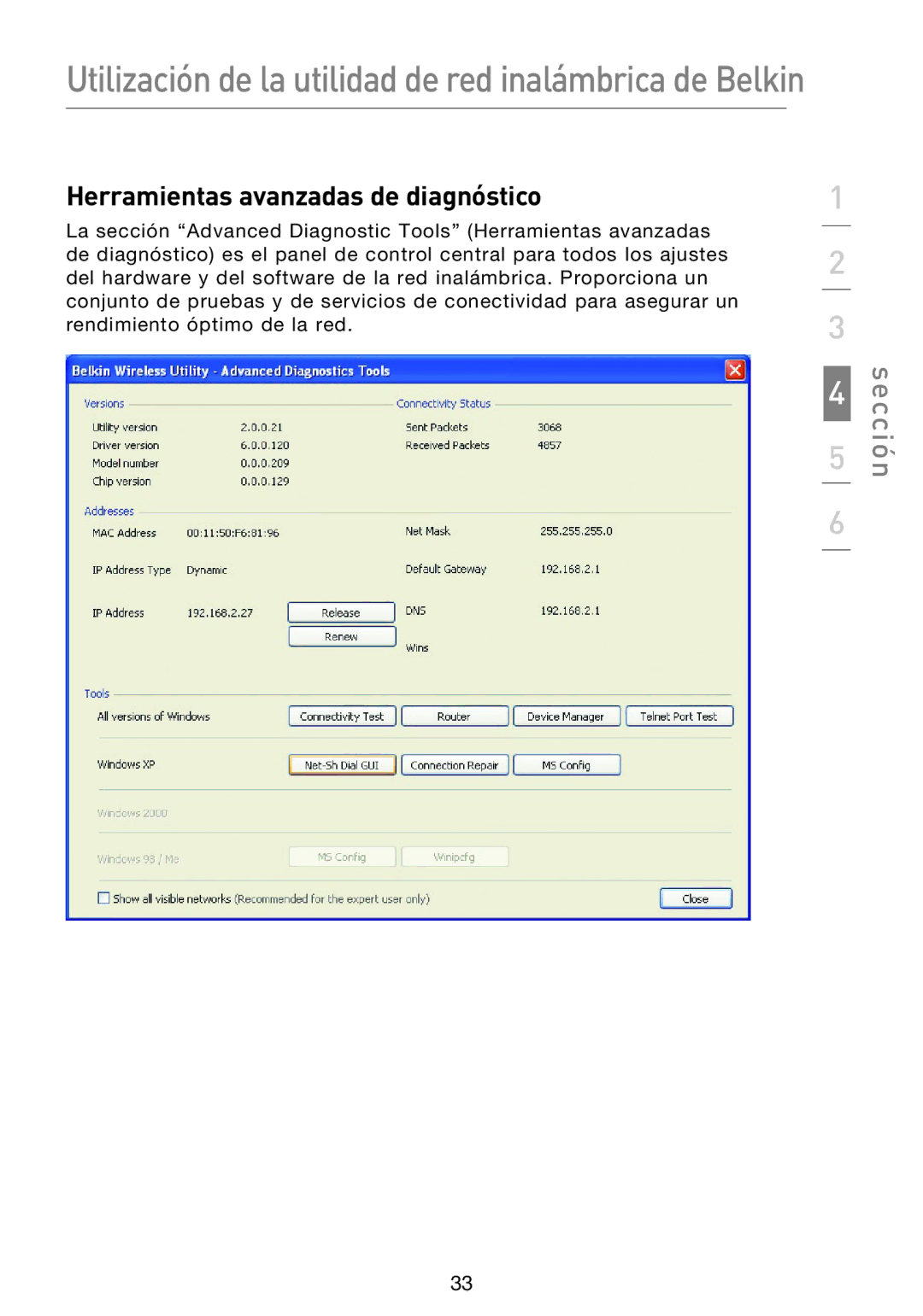 Belkin F5D8053EA user manual Herramientas avanzadas de diagnóstico 