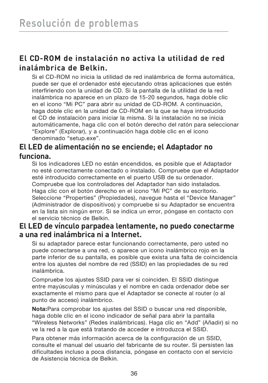 Belkin F5D8053EA user manual Resolución de problemas 