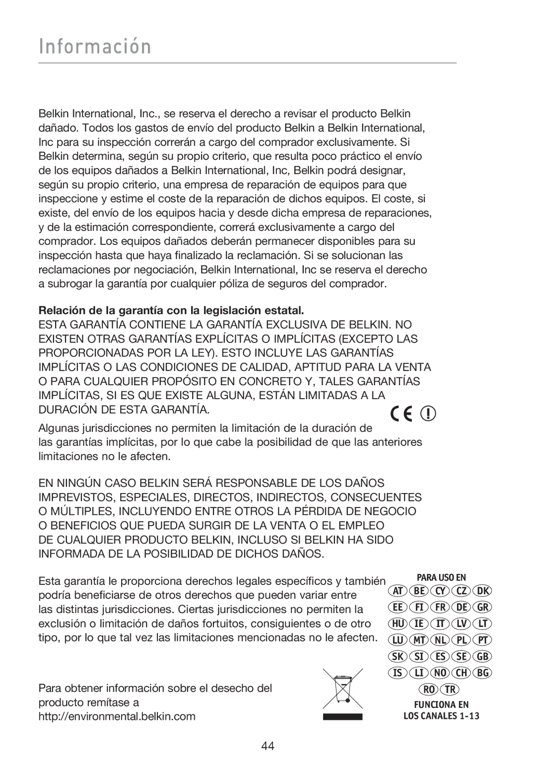 Belkin F5D8053EA user manual Información, Relación de la garantía con la legislación estatal, Producto remítase a 