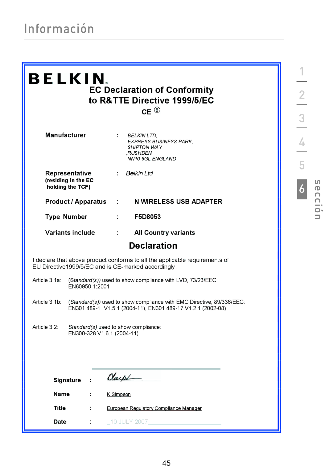 Belkin F5D8053EA user manual Sección 