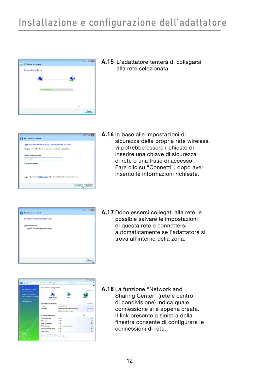 Belkin F5D8053EA user manual Installazione e configurazione dell’adattatore 