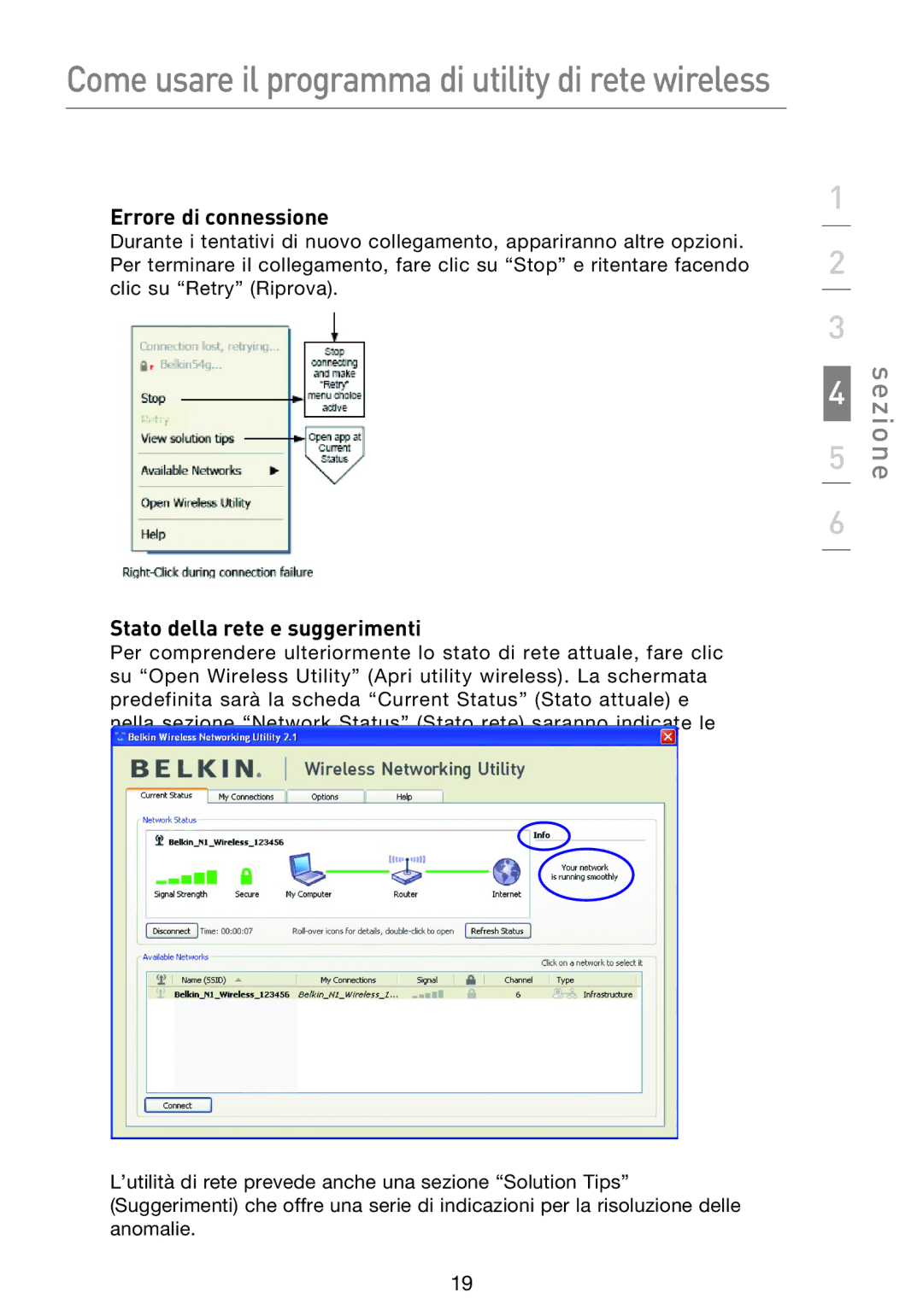 Belkin F5D8053EA user manual Errore di connessione, Stato della rete e suggerimenti 