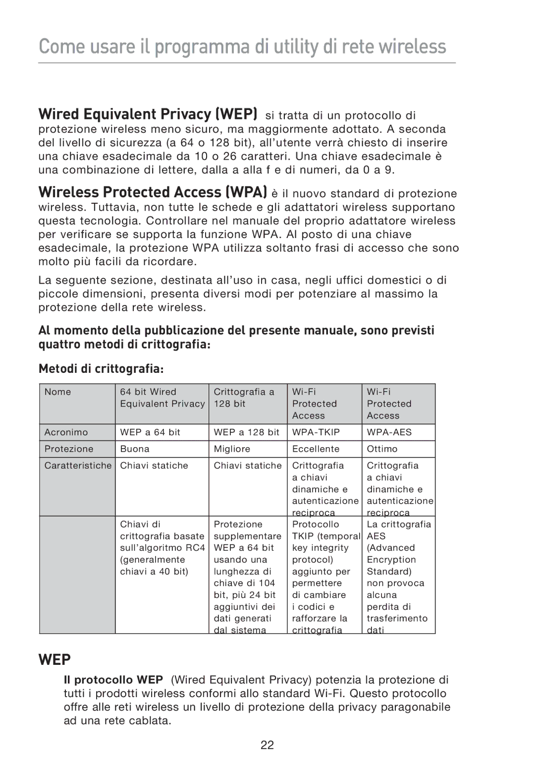 Belkin F5D8053EA user manual Wired Equivalent Privacy WEP si tratta di un protocollo di 