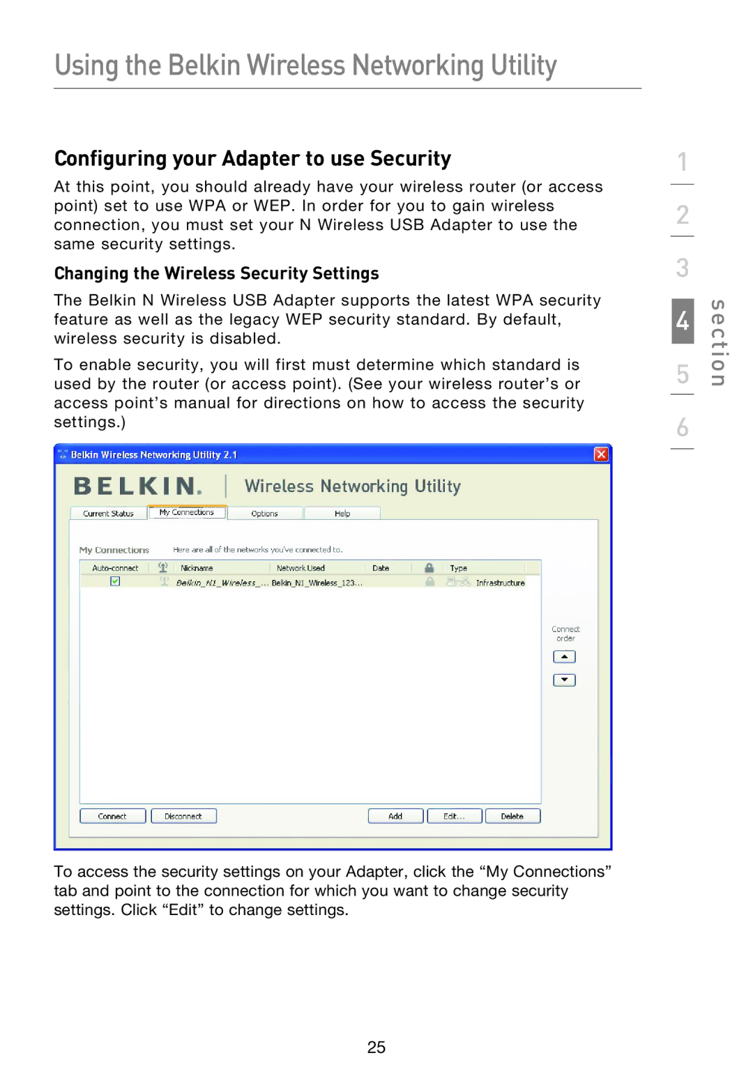 Belkin F5D8053EA user manual Configuring your Adapter to use Security, Changing the Wireless Security Settings 