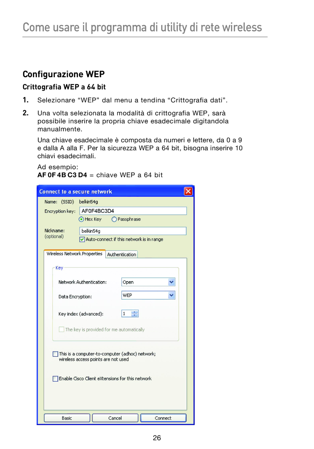 Belkin F5D8053EA user manual Configurazione WEP, Crittografia WEP a 64 bit 