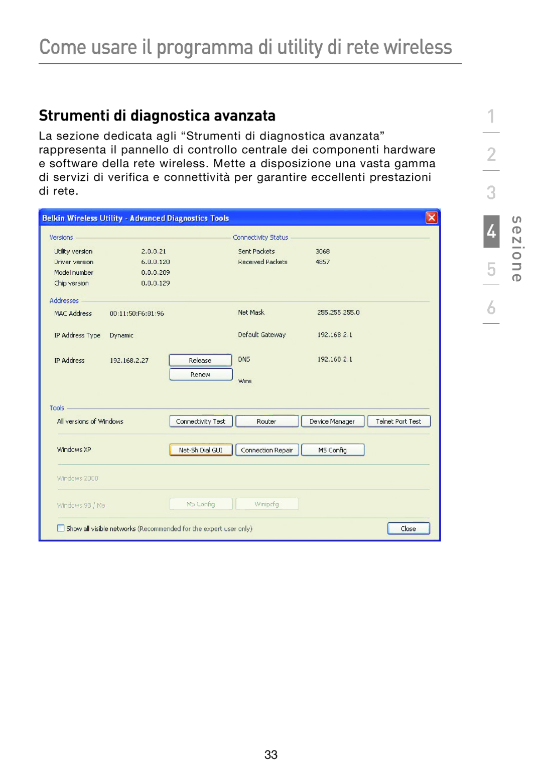 Belkin F5D8053EA user manual Strumenti di diagnostica avanzata 