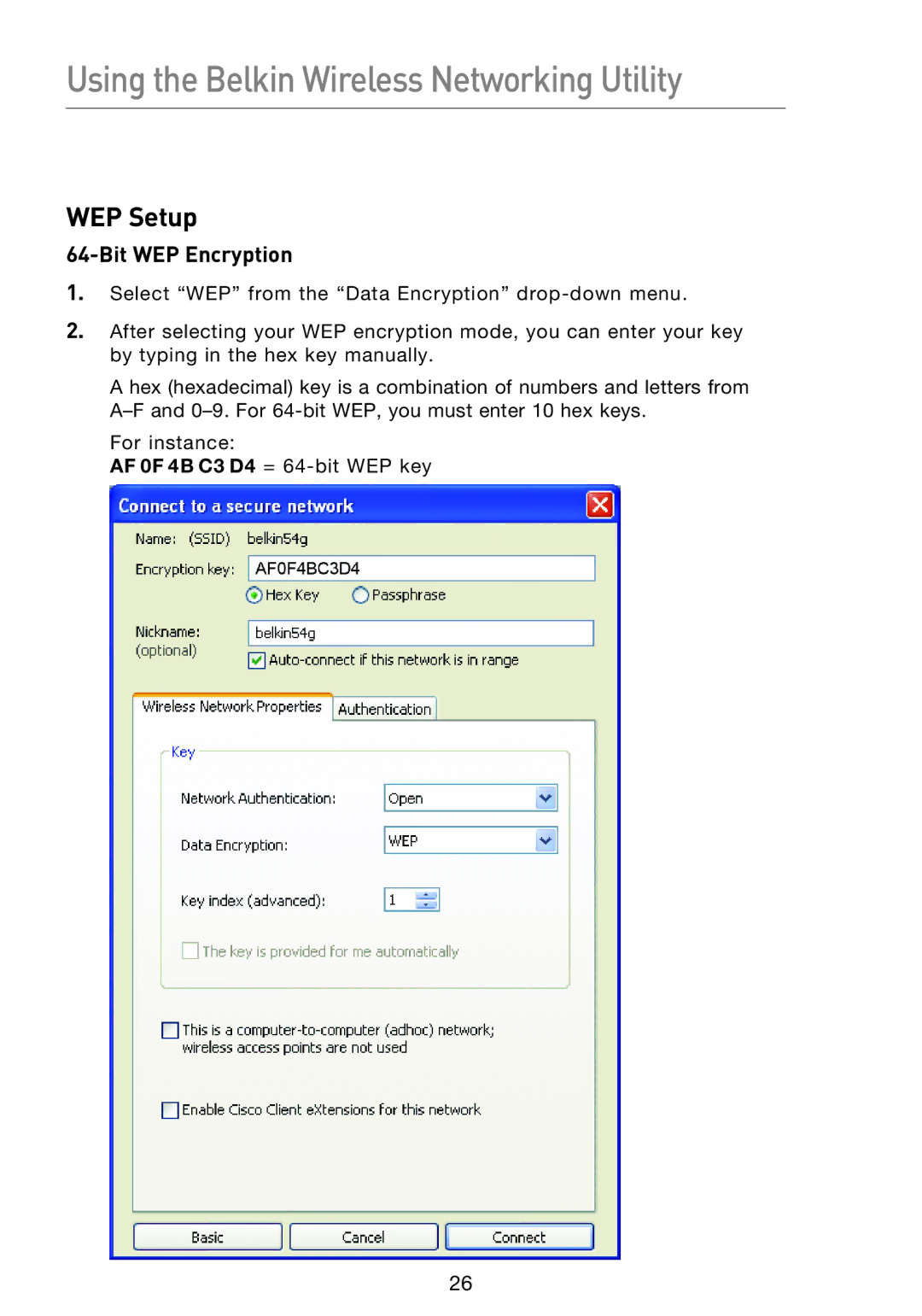 Belkin F5D8053EA user manual WEP Setup, Bit WEP Encryption 