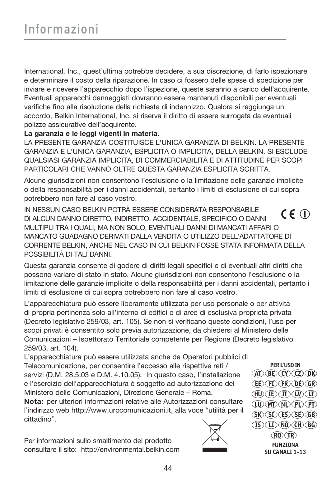 Belkin F5D8053EA Informazioni, La garanzia e le leggi vigenti in materia, Per informazioni sullo smaltimento del prodotto 