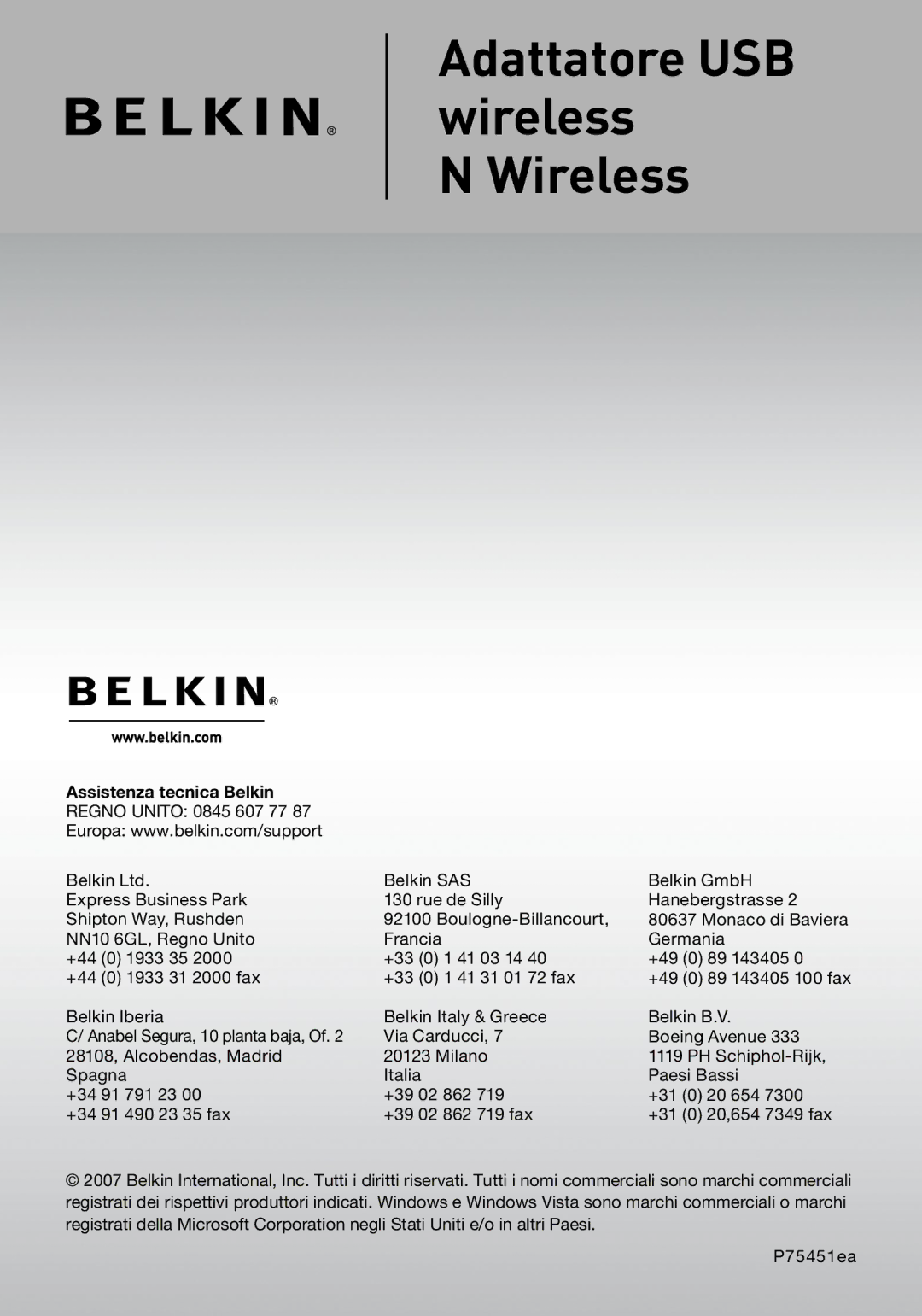 Belkin F5D8053EA user manual Assistenza tecnica Belkin 