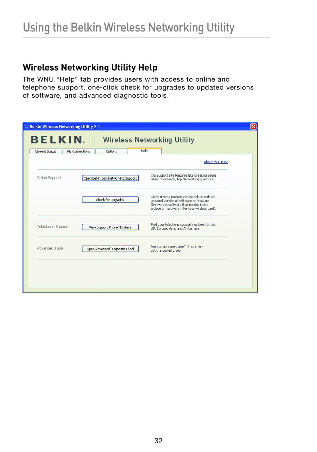 Belkin F5D8053EA user manual Wireless Networking Utility Help 