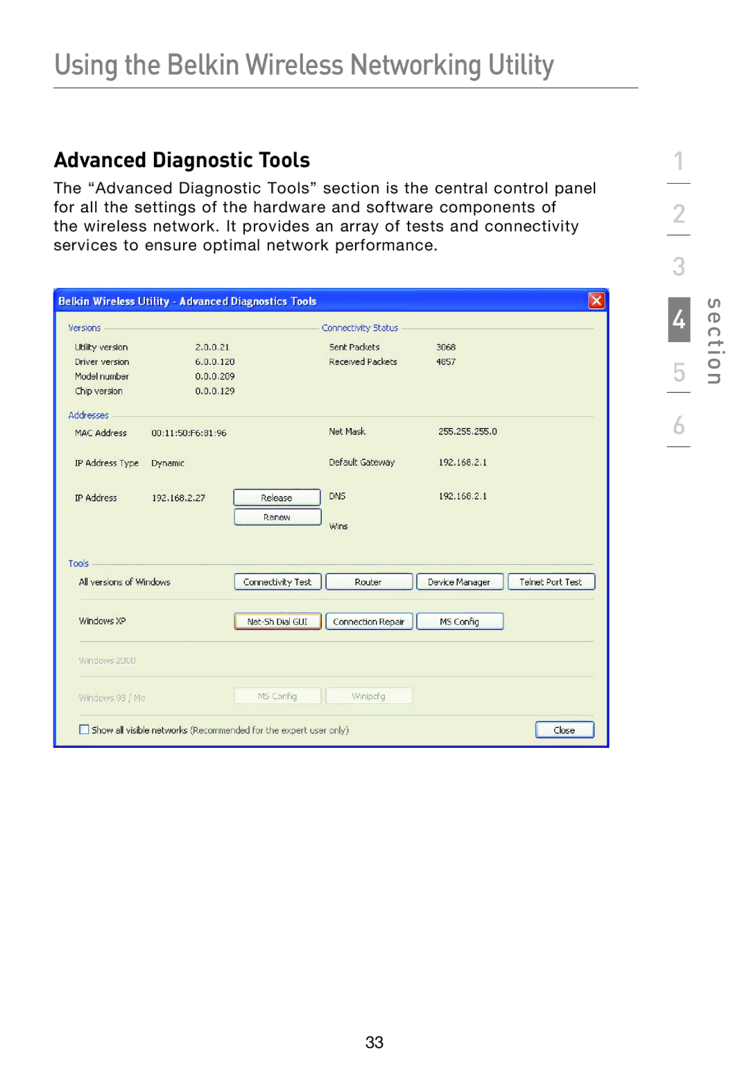 Belkin F5D8053EA user manual Advanced Diagnostic Tools 