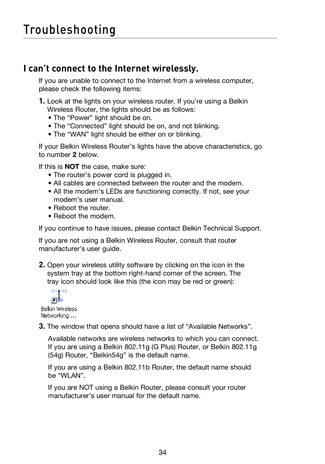 Belkin F5D8053EA user manual Troubleshooting, Can’t connect to the Internet wirelessly 