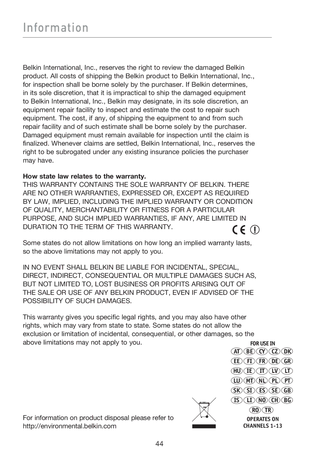 Belkin F5D8053EA Information, How state law relates to the warranty, For information on product disposal please refer to 