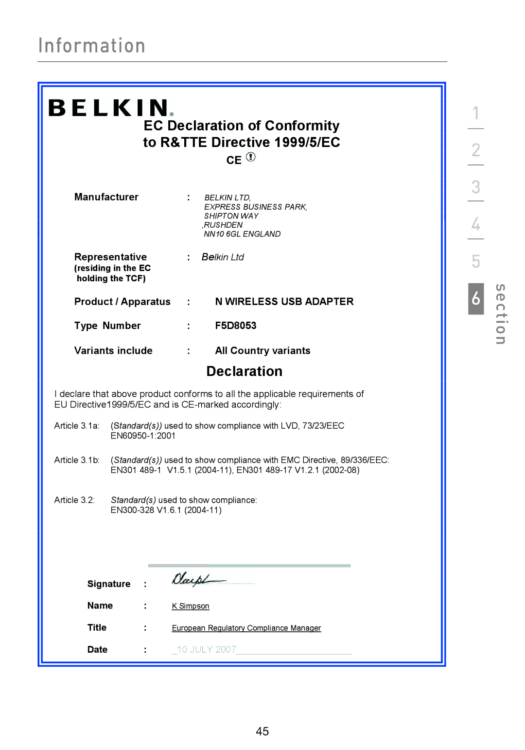 Belkin F5D8053EA user manual Declaration 