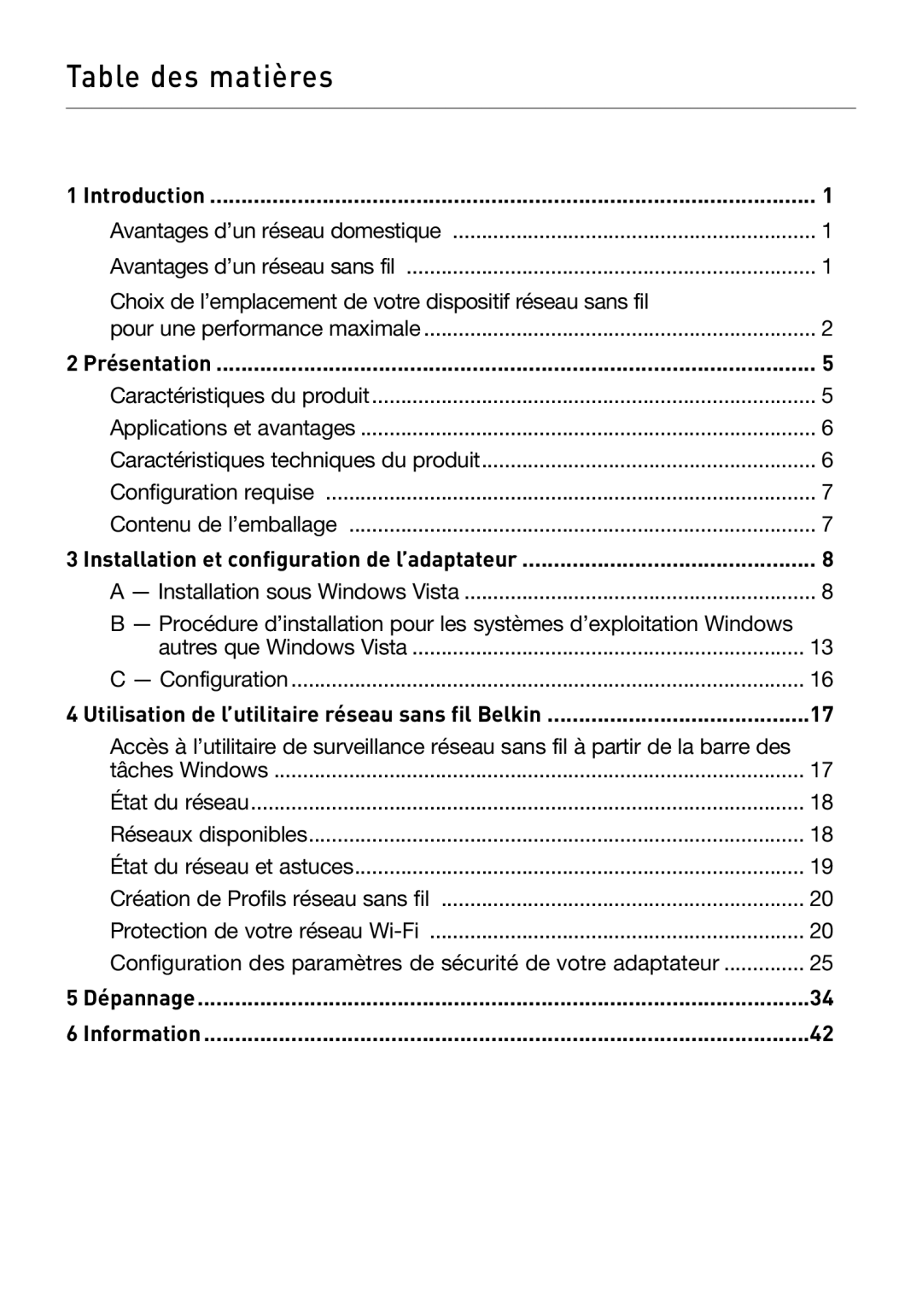 Belkin F5D8053EA user manual Présentation, Installation et configuration de l’adaptateur, Dépannage Information 