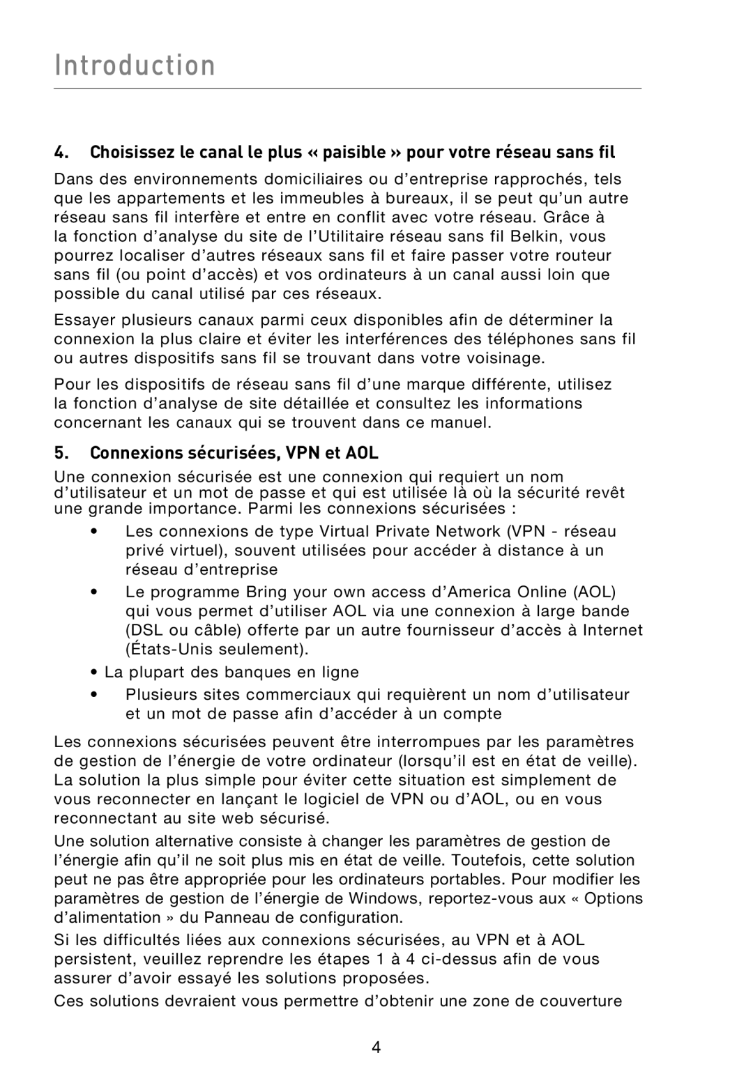 Belkin F5D8053EA user manual Connexions sécurisées, VPN et AOL 