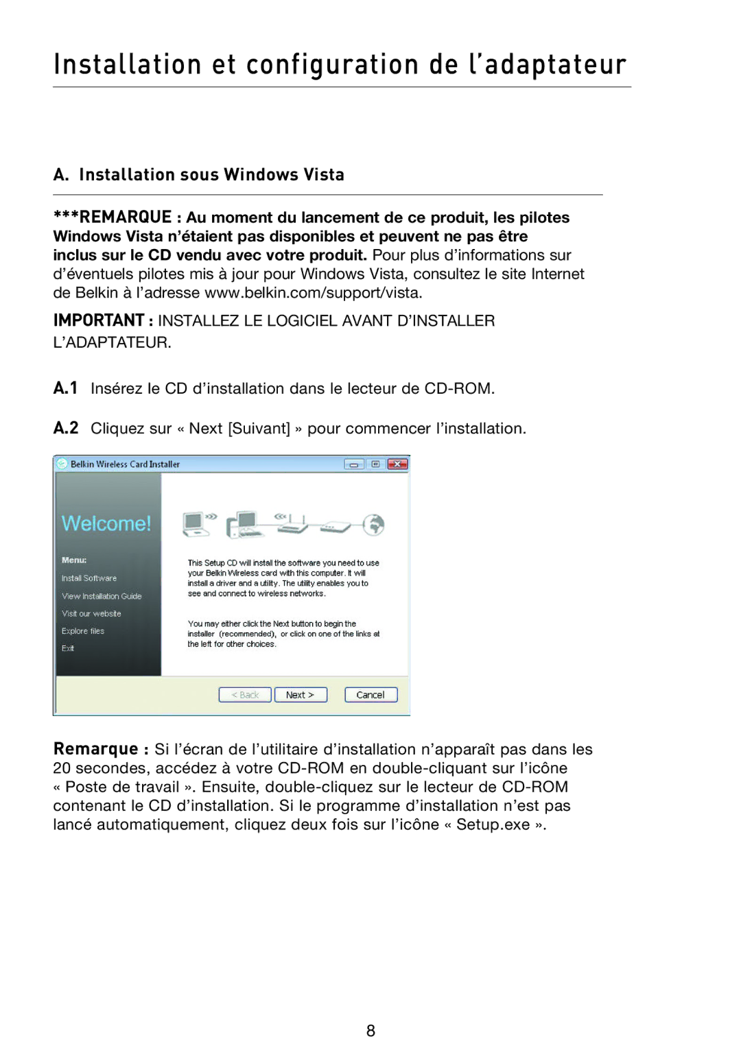 Belkin F5D8053EA user manual Installation et configuration de l’adaptateur, Installation sous Windows Vista 