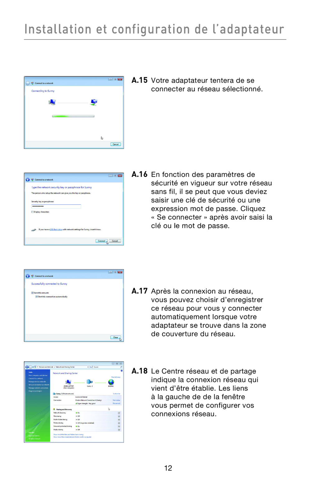 Belkin F5D8053EA user manual Installation et configuration de l’adaptateur 