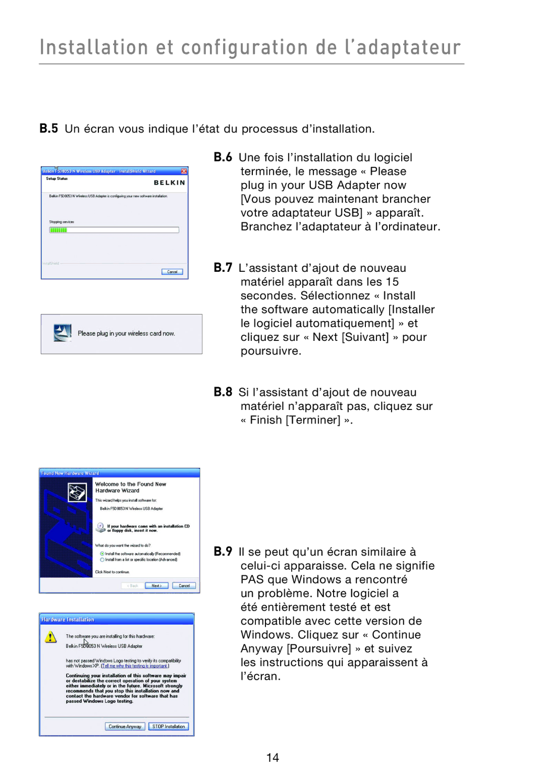 Belkin F5D8053EA user manual Installation et configuration de l’adaptateur 